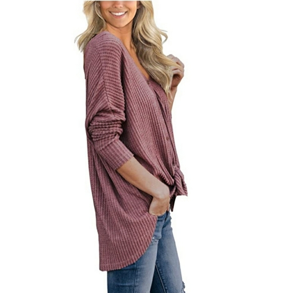 🌸TRENDY WAFFLE TUNIC BLOUSE TIE KNOT - Picture 3 of 4